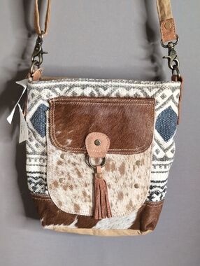 Olay Aztec Rug Woven Cowhide Button Accent Crossbody Bag-NWT
